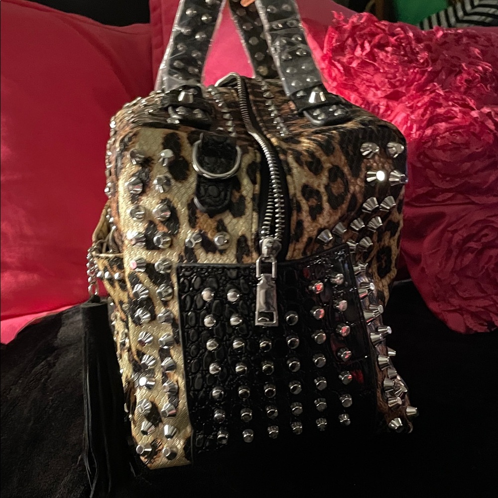 Studded Leopard Print Tote Bag - Black & Brown - Picture 2 of 5